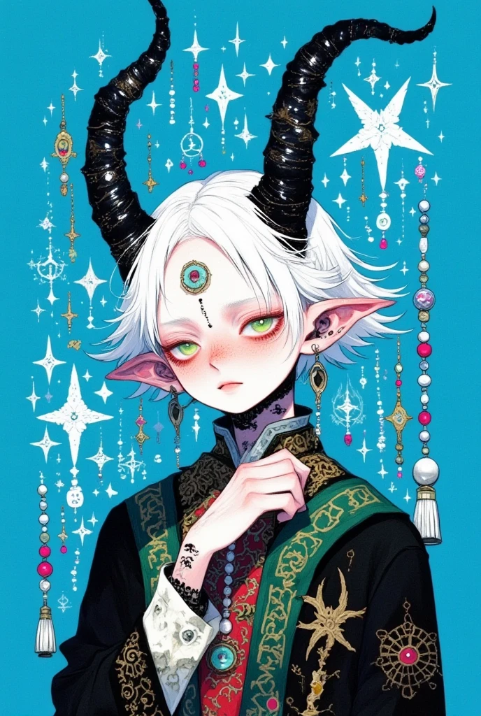 1boy, androgynous, artist name, bandaid, black jacket, blue background, blush, closed mouth, facial mark, green eyes, hand up, horns, jacket, long sleeves, looking at viewer, male focus, pointy ears, short hair, solo, star \(symbol\), star print, starry background, tattoo, upper body, white hair