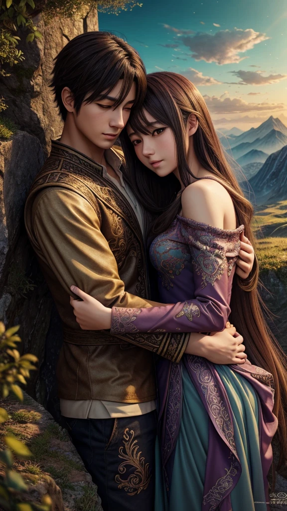 a young couple hugging, anime style, fantasy landscape, detailed facial features, intricate clothing folds, vibrant colors, soft lighting, beautiful scenery, detailed background, cinematic composition, masterpiece, 8k, photorealistic