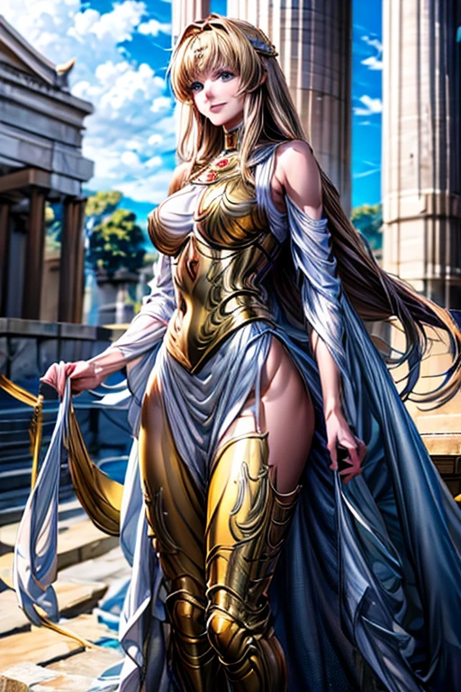  Virgo armor based on the Japanese anime Saint Seiya, shoulder_  armor decoration  ,    (  masterpiece:1.0), (   Better quality :1.0), ( ultra high resolution :1.0) ,(8k resolution:1.0), (realistic:1.0), (ultra detailed1:0),(raw photo:1.0), HDR, photograph,   Kodak Portra 400  , film grain, blurred background,  vibrant color , bokeh effect,  Lens reflection, ((  perfect hands )), ((  Very large fake silicon breasts)), ((perfect arms)), (perfect face), {{    perfect anatomy    }}, general plan, small hands, fine fingers,
greek temple,   very detailed background  ,    1 woman wears golden Virgo armor,    golden armor  , Alone,  medium blonde hair , blue eyes, smiling,    looking at the viewer  , face focused,   detailed face ,  vibrant color s,  Symmetrical eyes , visible lips, standing, holding breasts, (  full body  :1.2),