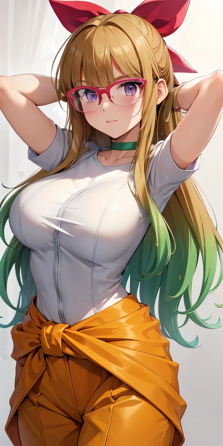 1 Female,High definition,high resolution,Ultra-realistic,8K, ohdoyuamu, 1girl, solo, long hair, green hair, blonde hair, brown hair, bow, ribbon, purple eyes, hair ribbon, hair bow, glasses, green choker, white gloves, blunt bangs, red-framed eyewear, jacket, green shirt, short sleeves, white jacket, clothes around waist, orange pants, large breasts,European,sexy,Upper body close-up,Photographed from the front,Dynamic Angles,(blush), (medium tits) ,(arms behind head)