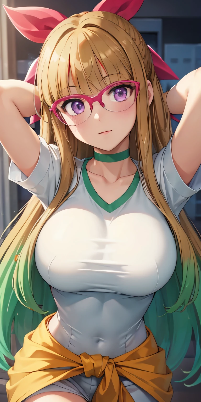 1 Female,High definition,high resolution,Ultra-realistic,8K, ohdoyuamu, 1girl, solo, long hair, green hair, blonde hair, brown hair, bow, ribbon, purple eyes, hair ribbon, hair bow, glasses, green choker, white gloves, blunt bangs, red-framed eyewear, jacket, green shirt, short sleeves, white jacket, clothes around waist, orange pants, large breasts,European,sexy,Upper body close-up,Photographed from the front,Dynamic Angles,(blush), (medium tits) ,(arms behind head)