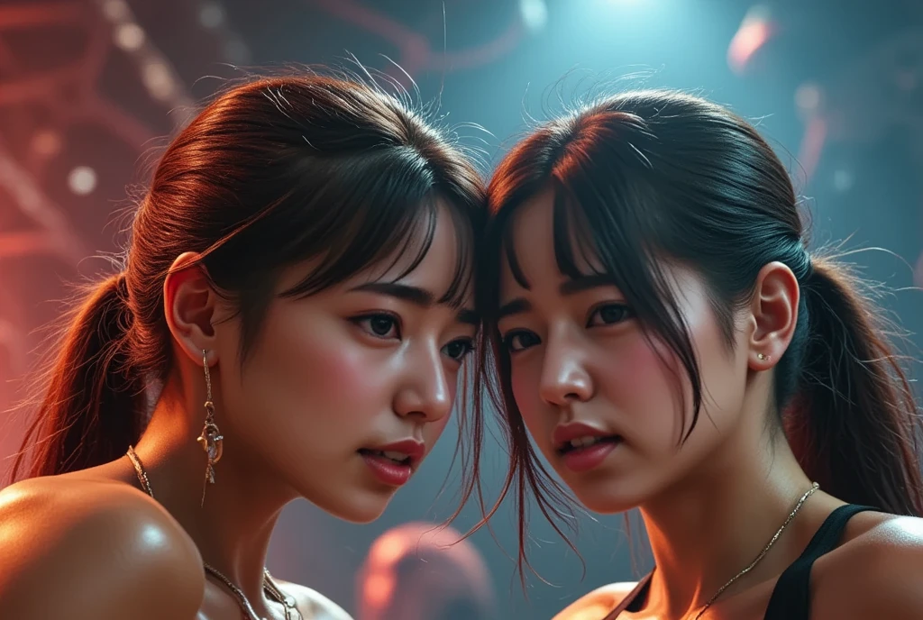 A dramatic arena fight between two beautiful women, Arsawee and Lakira , fighting emotion wear sexy sports bras, under the bright spotlights as a cheering crowd watches, (best quality,4k,8k,highres,masterpiece:1.2),ultra-detailed,(realistic,photorealistic,photo-realistic:1.37),extremely detailed eyes and face,longeyelashes,dynamic action pose,muscular athletic bodies,sweat glistening on skin,crowd roaring,stadium lights,high contrast,vivid colors,dramatic cinematic lighting