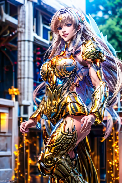  Virgo armor based on the Japanese anime Saint Seiya, shoulder_  armor decoration  ,    (  masterpiece:1.0), (   Better quality :1.0), ( ultra high resolution :1.0) ,(8k resolution:1.0), (realistic:1.0), (ultra detailed1:0),(raw photo:1.0), HDR, photograph,   Kodak Portra 400  , film grain, blurred background,  vibrant color , bokeh effect,  Lens reflection, ((  perfect hands )), ((  Very large fake silicon breasts)), ((perfect arms)), (perfect face), {{    perfect anatomy    }}, general plan, small hands, fine fingers,
greek temple,   very detailed background  ,    1 woman wears golden Virgo armor,    golden armor  , Alone,  medium blonde hair , blue eyes, smiling,    looking at the viewer  , face focused,   detailed face ,  vibrant color s,  Symmetrical eyes , visible lips, standing, holding breasts, (  full body  :1.2),