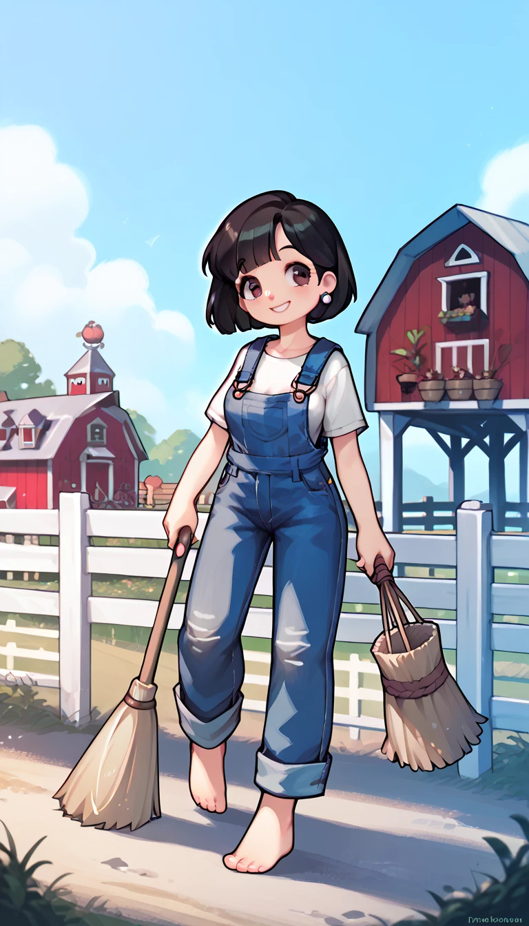 1girl, short hair, bob cut, French Baret, pearl earrings, overalls, holding a broom, farm background, barefoot, smiling, brown eyes, black hair