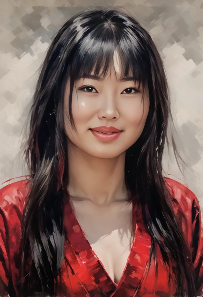 Female portrait, very beautiful Japanese woman, long black hair, smiling eyes looking at camera, smiling mouth, revealing red dress, acrylic painting, bold and expressive brushwork, impressionistic style, epic surreal background, very heavy brushstrokes with thick textured paint, expert lighting and shadows, high contrast, fine art painting, Wadim Kashin,KODEW