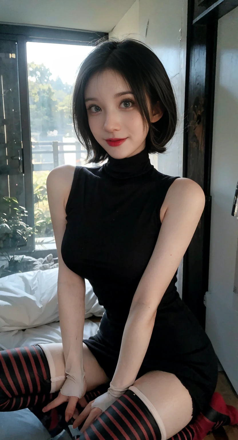 Female 22 years old, Short black bob haircut, Sea green eyes, white skin, red lips, blush, tender look, Amazing face, Amazing Mavis DraculaCute, blush, medium breasts, Realistic, (((short dress, black dress, translucent almost transparent, Red and black striped socks , without underwear, vagina visible, shaved vagina)))、((((black turtleneck mini dress, panty stockings white with black stripes, pantyhose stockings up to mid-leg, marked nipples)))), My heart is beating、smile、Sitting in the middle of the garden, resting on his chin, Open your legs to the left and right, sexual expression, Large and erect breasts, marked nipples son un visibles, black dress with a very translucent torture collar, Crotchless panties, visible and shaved vagina, correct anatomy,  Perfect Anatomy