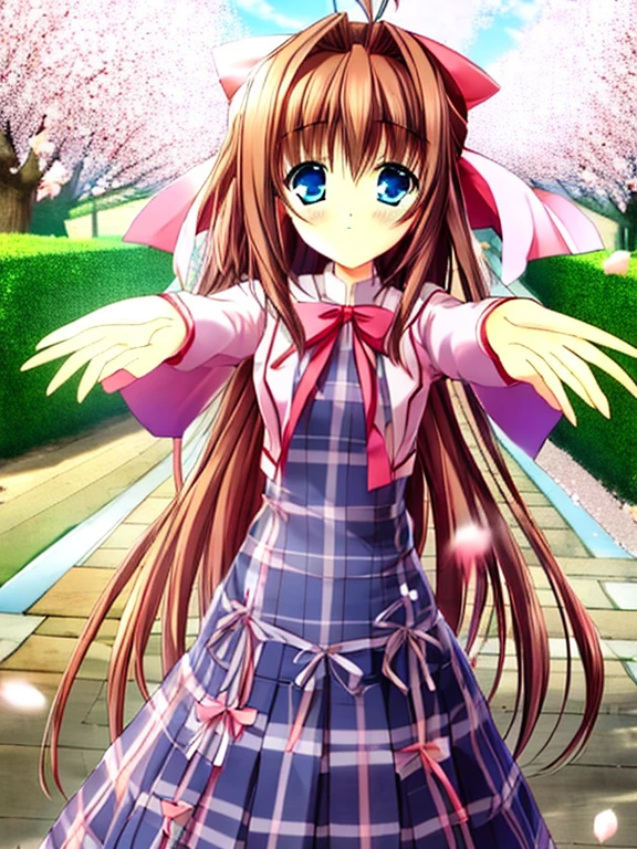 cowboy shot, 1girl, asakura otome, otome, blue eyes, brown hair, bow, pink bow, long hair, ahoge, incoming hug, incoming kiss, standing, cherry trees, cherry blossom petals background, petals dancing in the wind, (hyper extreme detailed), (masterpiece), (hyper extreme), (photorealistic), cG, (colour:1.2)