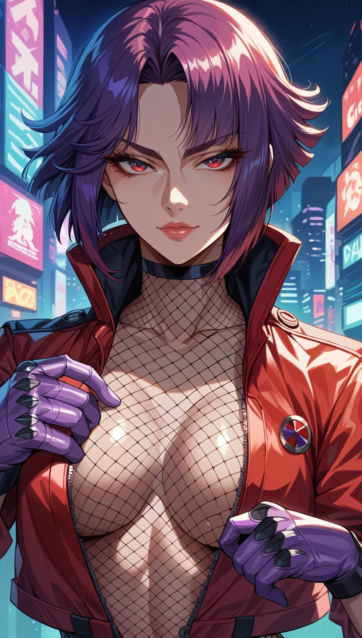 1 female, Taimanin,solo,super detailed skin,shiny skin,expressionless,(purple short hair, parted bangs),huge oppai,smug,light smile, widow's peak,red eyes,eyelashes,lips gloss,(red fullbodysuit)(purple cyber gloves),(fishnet Legs),Red ninja Jacket ,blitz magic,masterpiece,best quality,ultra detailed,high resolution,sharp focus,Cyberpunk city background,(open pose),At midnight,(Upper body)