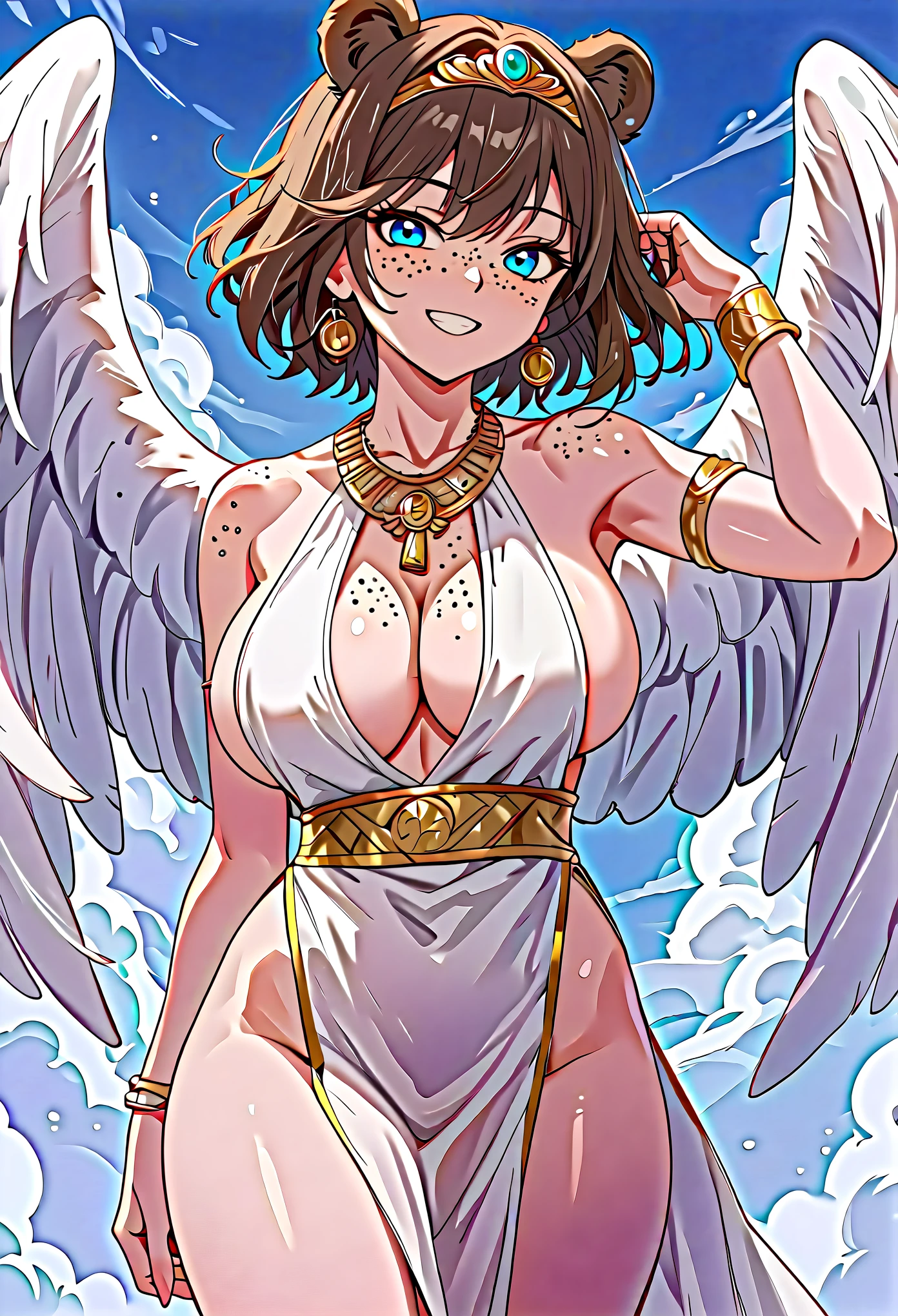 score_9_up, score_8_up, score_7_up, 1girl, solo, source_anime, hourglass figure, Big breasts, kemonomimi, bear ears, brown hair, short hair, messy_hair blue eyes BREAK freckles, feathered wings, white wings BREAK Ancient greek clothes, golden earrings, sideboob, tiara, leavage cutout, necklace, bracelet, cleavage, revealing clothes, short dress, white dress, gold trim BREAK Outdoors, smile, closed mouth, teeth, teasing face, background sky, cloudy sky, blue sky, clouds BREAK