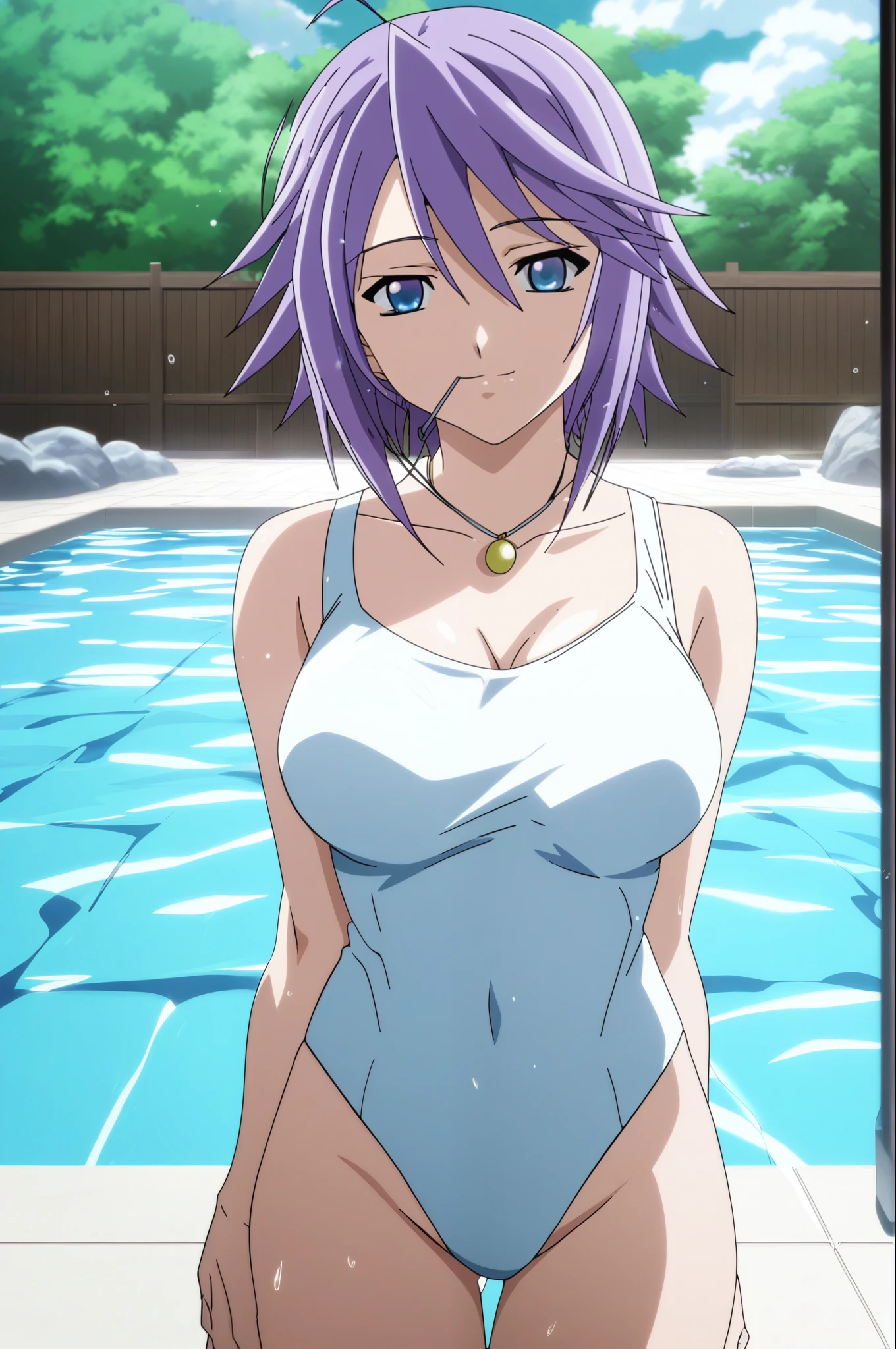score_9, score_8_up, score_7_up, source anime, prefect lighting, 
Kawai 1girl, shirayuki mizore, rosario+vampire, short hair, blue eyes, big breasts, mizoreyuki, purple hair, anime coloring, anime screencap, looking at viewerA An illustration of Mizore Shirayuki from Rosario + Vampire, wearing a stylish swimsuit. She is standing by a tranquil setting, either a pool, hot springs, or beach, with soft sunlight casting a warm glow. Mizore’s swimsuit has cool, icy blue tones that complement her character, and her lavender hair falls naturally around her shoulders. She has a gentle, calm expression, with a hint of shyness, adding to her charm. The background shows clear, sparkling water, creating a peaceful and relaxing atmosphere full Hd, 4K, happy, Full body.