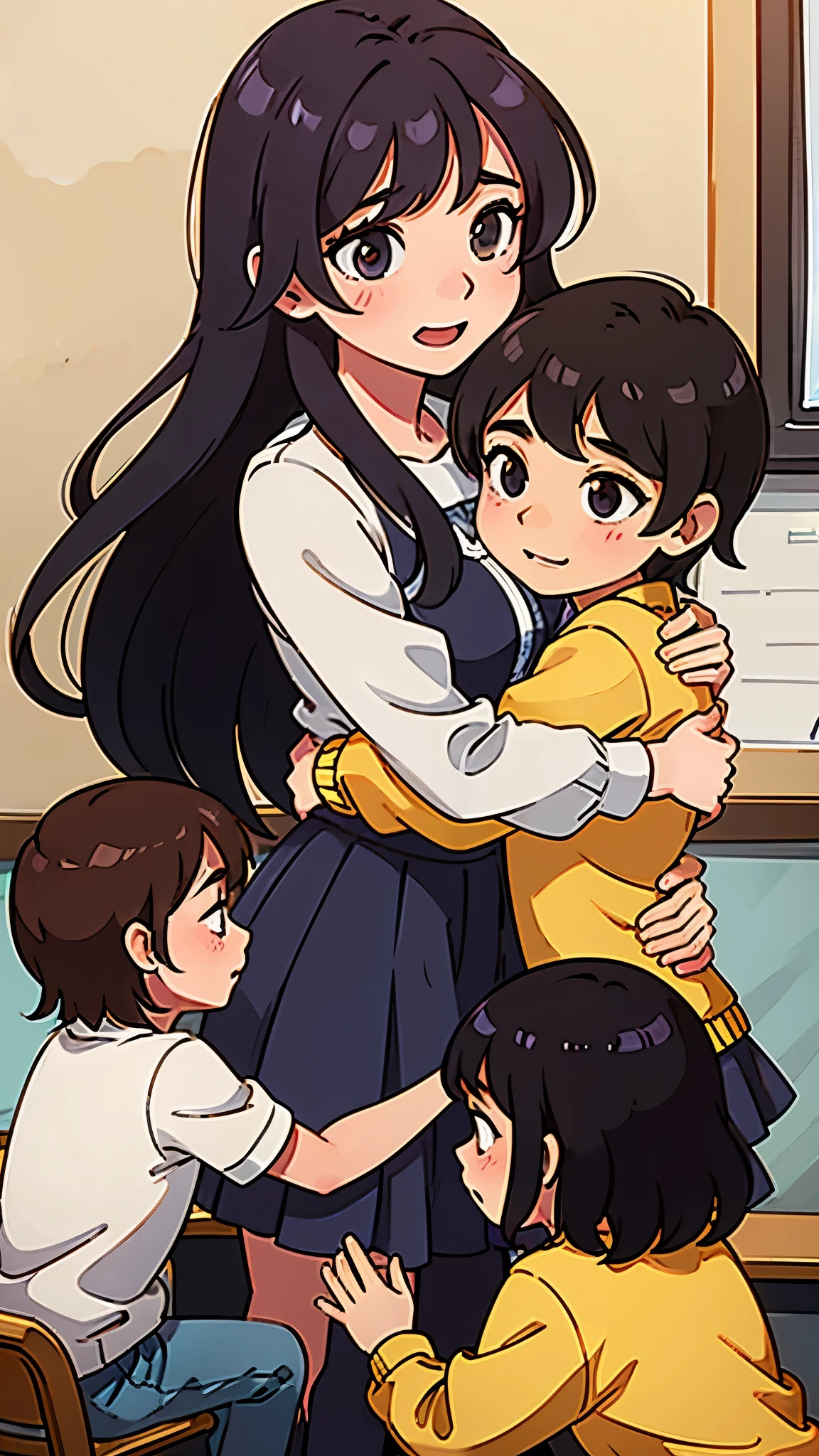 Teacher and children hugging each other