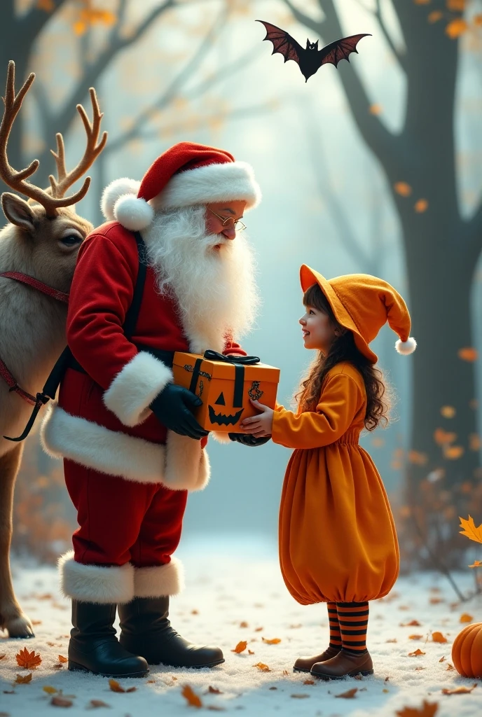 christmas present box for girl, 
1. Santa Claus, smile, black glove, black boots, with reindeer, winter,
2. girl, smile, cape, shirt, big hat, pumpkin orange wide breeches, white and black striped pattern tights high, black pumps, bat fly over the girl's head, jack-o'-lantern pendant, autumn, BREAK background autumn turns into winter, change of seasons boundaries are clear, fun atmosphere, best quality, absurdres, ultra detailed