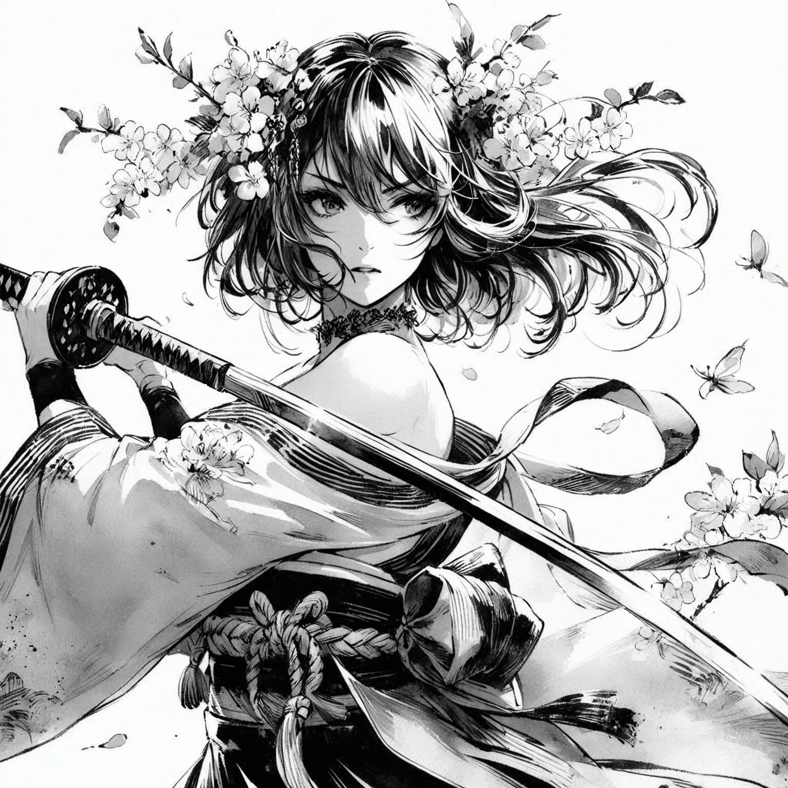 High quality,  masterpiece, , Beautiful girl, samurai, Ink painting ,  Brief History,  , two people facing each other ,  holding a sword, ,Battle 