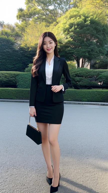 8K,  highest resolution , Wore a strict black business suit ,  full body image of a Japanese woman standing ,  full-body image of a Japanese woman in an empty park ,  wearing a strict black business suit, Very short black skirt,  I'm wearing black ankle strap pumps,  very detailed face, Beautiful Face, Smiling, A Japanese woman with a clean face, The eyes of the audience , Pretty round pretty eyes , Thin thighs, Thin legs, very detailed hands, We are putting our hands together in front 