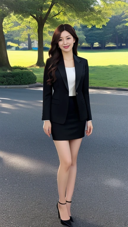 8K,  highest resolution , Wore a strict black business suit ,  full body image of a Japanese woman standing ,  full-body image of a Japanese woman in an empty park ,  wearing a strict black business suit, Very short black skirt,  I'm wearing black ankle strap pumps,  very detailed face, Beautiful Face, Smiling, A Japanese woman with a clean face, The eyes of the audience , Pretty round pretty eyes , Thin thighs, Thin legs, very detailed hands, We are putting our hands together in front 