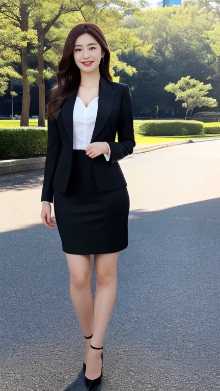 8K,  highest resolution , Wore a strict black business suit ,  full body image of a Japanese woman standing ,  full-body image of a Japanese woman in an empty park ,  wearing a strict black business suit, Very short black skirt,  I'm wearing black ankle strap pumps,  very detailed face, Beautiful Face, Smiling, A Japanese woman with a clean face, The eyes of the audience , Pretty round pretty eyes , Thin thighs, Thin legs, very detailed hands, We are putting our hands together in front 