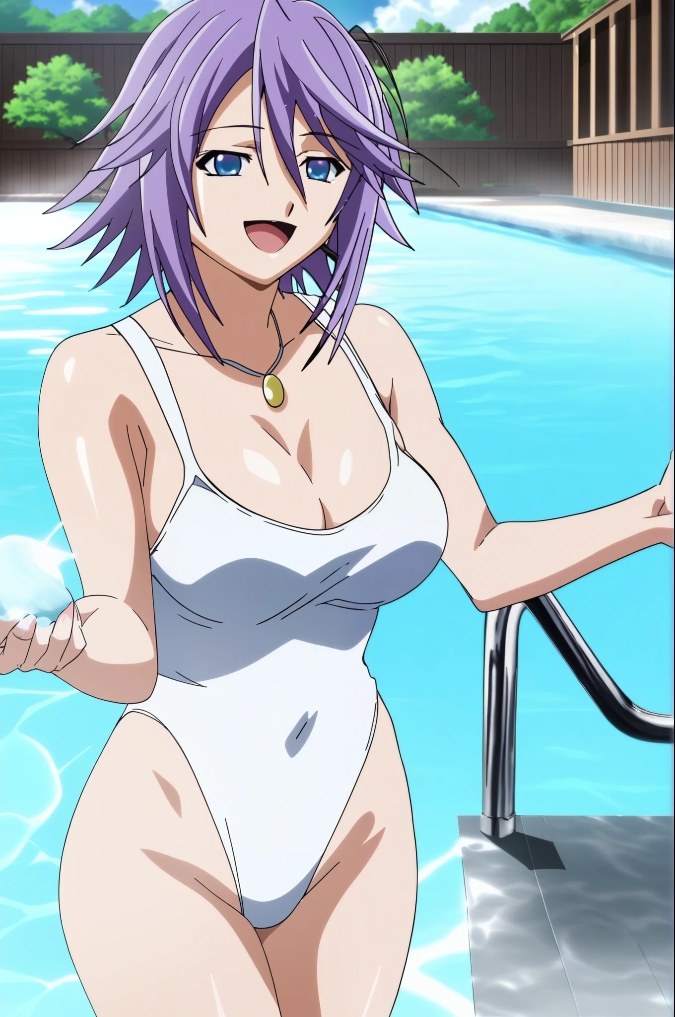 score_9, score_8_up, score_7_up, source anime, prefect lighting,
Kawai 1girl, shirayuki mizore, rosario+vampire, short hair, blue eyes, big breasts, mizoreyuki, purple hair, anime coloring, anime screencap, looking at viewerA An illustration of Mizore Shirayuki from Rosario + Vampire, wearing a stylish swimsuit. She is standing by a tranquil setting, either a pool, hot springs, or beach, with soft sunlight casting a warm glow. Mizore’s swimsuit has cool, icy blue tones that complement her character, and her lavender hair falls naturally around her shoulders. She has a gentle, calm expression, with a hint of shyness, adding to her charm. The background shows clear, sparkling water, creating a peaceful and relaxing atmosphere full Hd, 4K, happy, Full body.