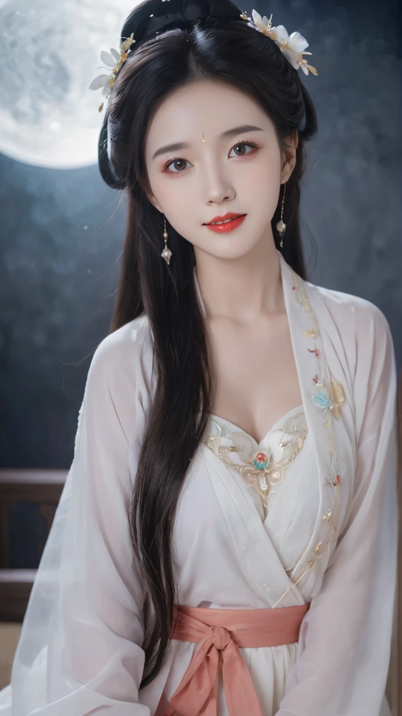 Full Moon Night，Beautiful woman in Hanfu sitting in front of the camera，Flip through books elegantly， Her delicate facial features showed a perfect face。She has a beautiful and delicate appearance，Wearing Hanfu， The colorful colors made it even more dazzling 。She has long hair，Wearing a shawl，Show off the charm of charm。This is a real photo，Showcases the figure and charm of the perfect woman。She performed alone on stage ，With a charming smile on his face，Perfect display of Hanfu charm。
