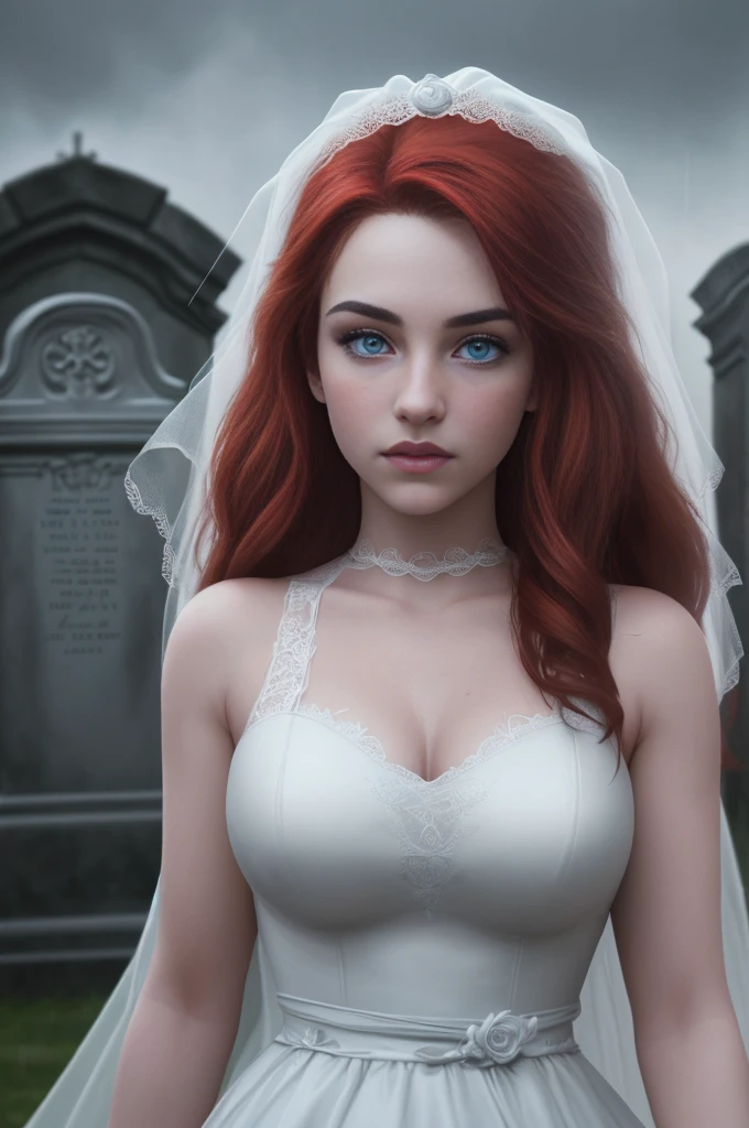 A gorgeous 18-year-old woman with long red hair, soft pale skin, cute and youthful face, well-defined eyebrows, light blue eyes, delicate nose, plump and round lips, walks in a Gothic cemetery at night wearing a white wedding dress, fog and rainy condition, ghostly atmosphere, 1600s, (high skin detail:1.2), ultra-detailed, photo-realistic, depth of field, cinematic lighting, IMAX camera, HDR, DTM, Full HD, 8k