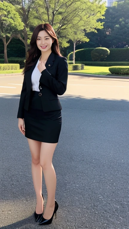 8K,  highest resolution , Wore a strict black business suit ,  full body image of a Japanese woman standing ,  full-body image of a Japanese woman in an empty park ,  wearing a strict black business suit, Very short black skirt,  I'm wearing black ankle strap pumps,  very detailed face, Beautiful Face, Smiling, A Japanese woman with a clean face, The eyes of the audience , Pretty round pretty eyes , Thin thighs, Thin legs, very detailed hands, We are putting our hands together in front 