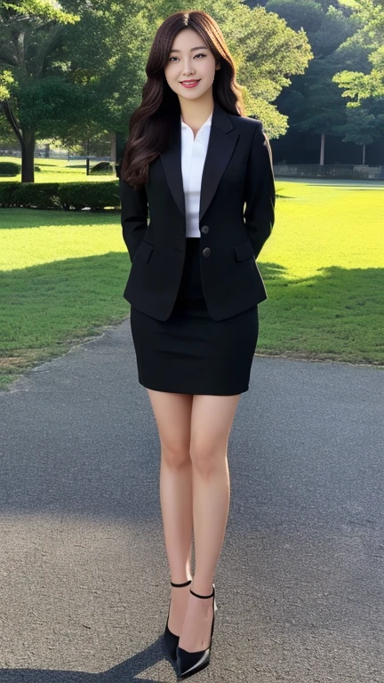 8K,  highest resolution , Wore a strict black business suit , Full body leg image of a Japanese woman standing,  full-body image of a Japanese woman in an empty park ,  wearing a strict black business suit, Very short black skirt,  I'm wearing black ankle strap pumps,  very detailed face, Beautiful Face, Smiling, A Japanese woman with a clean face, The eyes of the audience , Pretty round pretty eyes , Thin thighs, Thin legs, very detailed hands, We are putting our hands together in front 