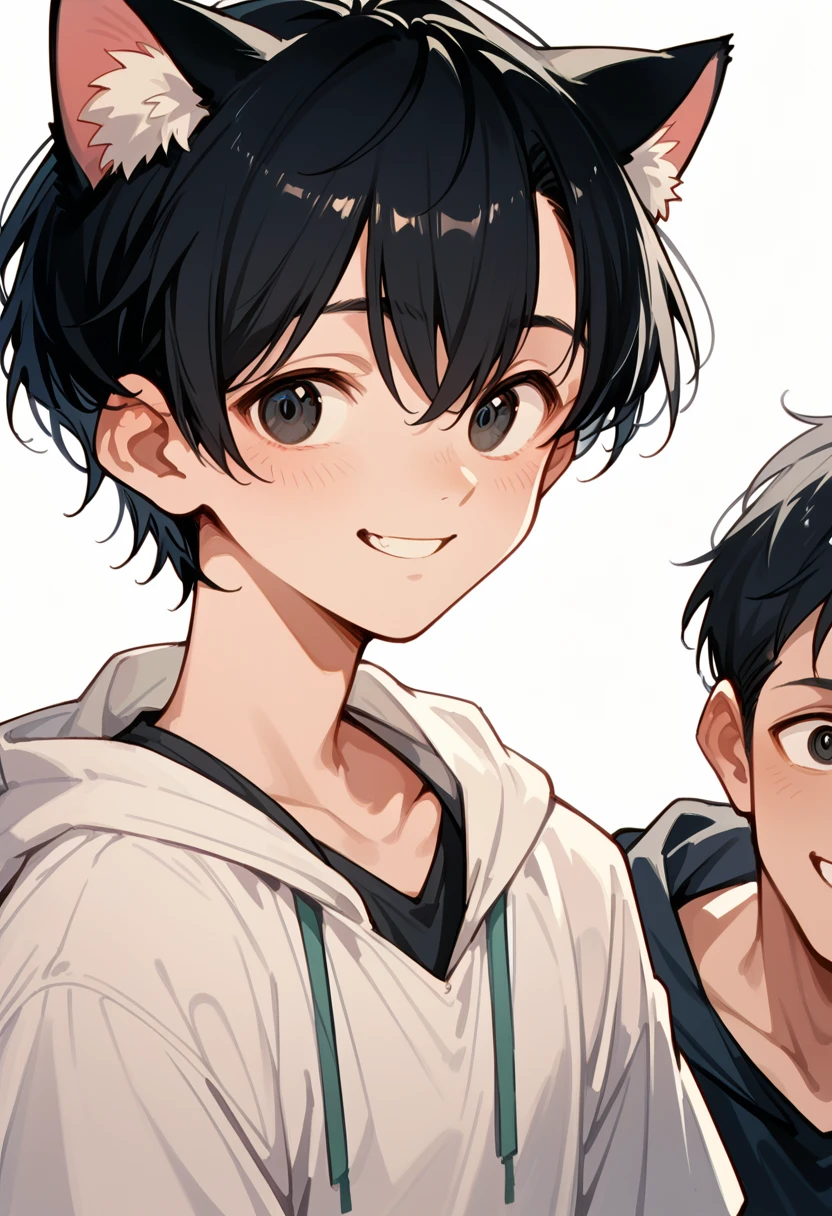 Boy with short hair and Oddy Eye, Smiling, Upper body, , cat ears,  black hair