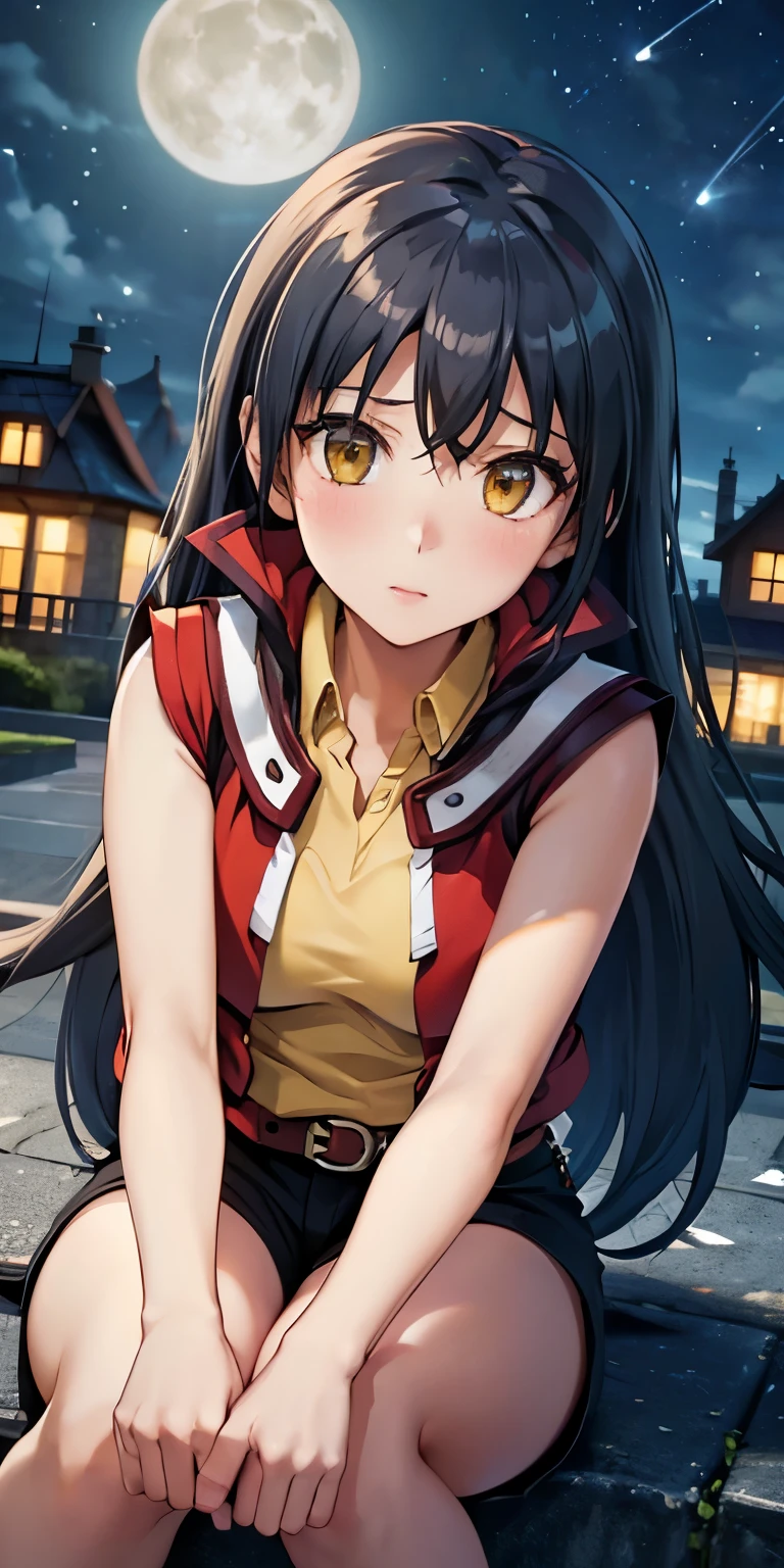 1 Female,High definition,high resolution,Ultra-realistic,8K, hmrei, long hair, black hair,yellow eyes,red jacket ,collared shirt, yellow shirt, sleeveless, belt, black shorts,European,sexy,Upper body close-up,Photographed from the front,Dynamic Angles,private teacher,blush, medium tits ,outdoors, moonlight, dark sky, buildings,full body,4k, ultra high definition, perfect face, detailed face , sitting ,(pov, closed shot:1.2),  thinking , shooting star ,wide thighs 