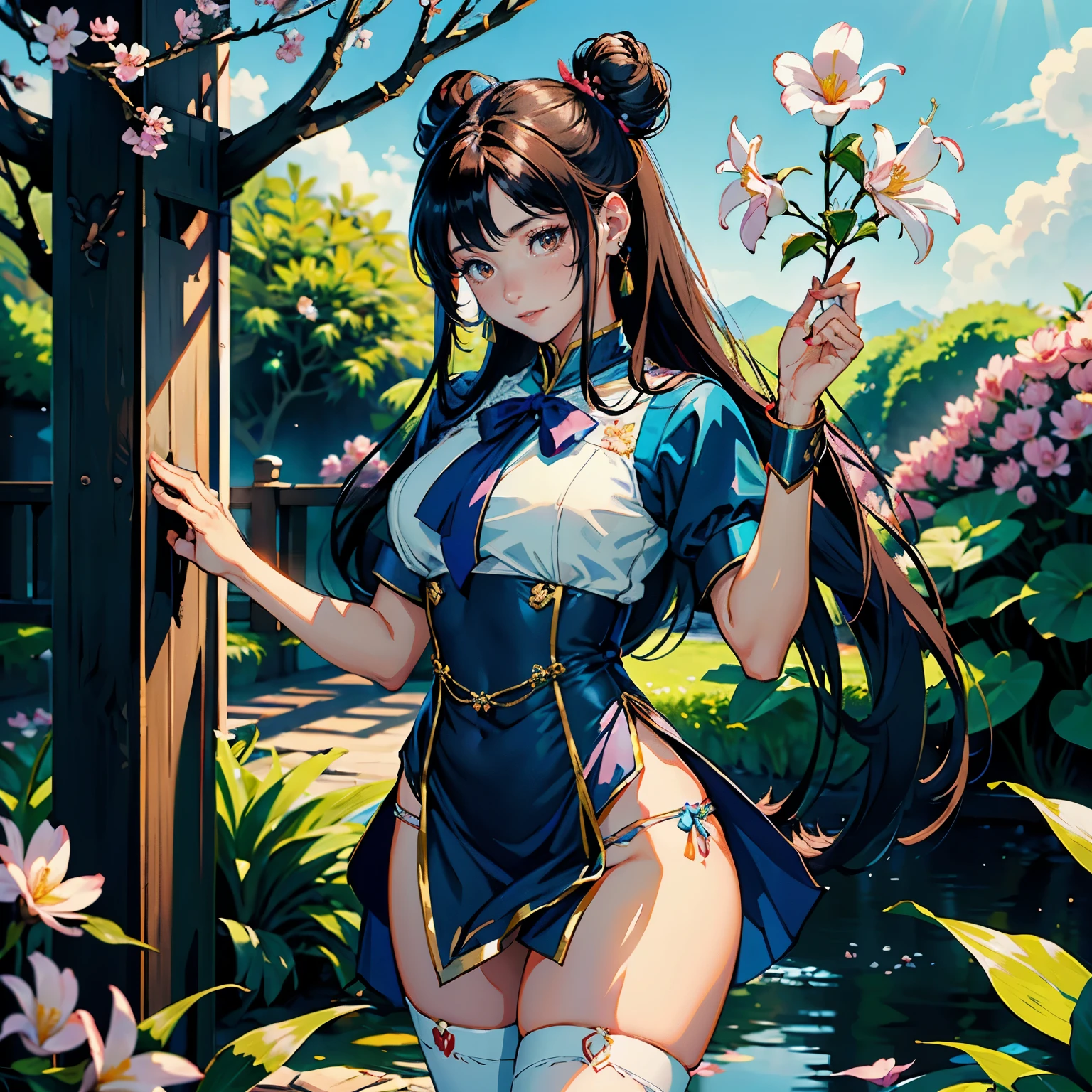 (highest quality, masterpiece, High resolution)、(anime art)、bright light、brown eyes、(sailor moon buns)、long hair、hair ornaments、Cute face details、enchanting smile、small breasts、whole body、((magnolia flowers tropical)) (best quality,4k,8k,highres,masterpiece:1.2),ultra-detailed,(realistic,photorealistic,photo-realistic:1.37),acrylic painting,beautiful Indonesian model wearing a vibrant blue Chinese school uniform, beautiful Indonesian model in a blue silk Chinese school uniform outfit with downy hair,beautiful Indonesian model's teal silk school uniform adorned with cute bows and chains, beautiful Indonesian model with extremely colorful hair and detailed facial features,beautiful Indonesian model standing in a beautiful garden, beautiful Indonesian model with intricate accessories,beautiful Indonesian model posing gracefully,beautiful Indonesian model with long flowing long hair,beautiful bright brown eyes and rosy lips,beautiful Indonesian model with a joyful expression,beautiful Indonesian model in a dynamic pose with magnolia flowers blossoms falling around her,beautiful Indonesian model surrounded by colorful flowers and butterflies, thigh high tights,beautiful Indonesian model with an enchanting smile,beautiful Indonesian model with soft, pastel-colored shading, beautiful Indonesian model with a fairytale-like background,sailor moon hair, two hair buns hair,Double Buns, hair ribbons, thick hair