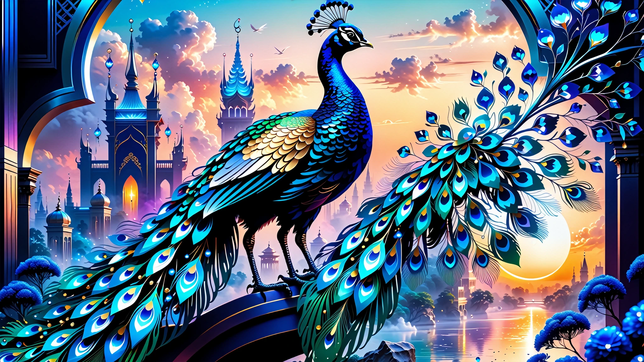 A Masterpiece In 32K Resolution, Supreme Quality, Super Detail, Official Art, Very High-Resolution 32K Wallpaper, Beautiful And Aesthetic, Ultra-Detailed Features, Awe-Inspiring Detail. A Celestial Peacock with Plumage That Shimmers Like Sapphires Spreads Its Radiant Feathers Across A Sky Of Crystal Spires And Silver Bridges. Its Body Glows With An Otherworldly Energy, Illuminating The Sleek Buildings Below. The Peacock's Ethereal Presence Contrasts Beautifully With The City’s Hard Angles And Metallic Hues, Adding A Sense Of Mystery To The Futuristic Scene.