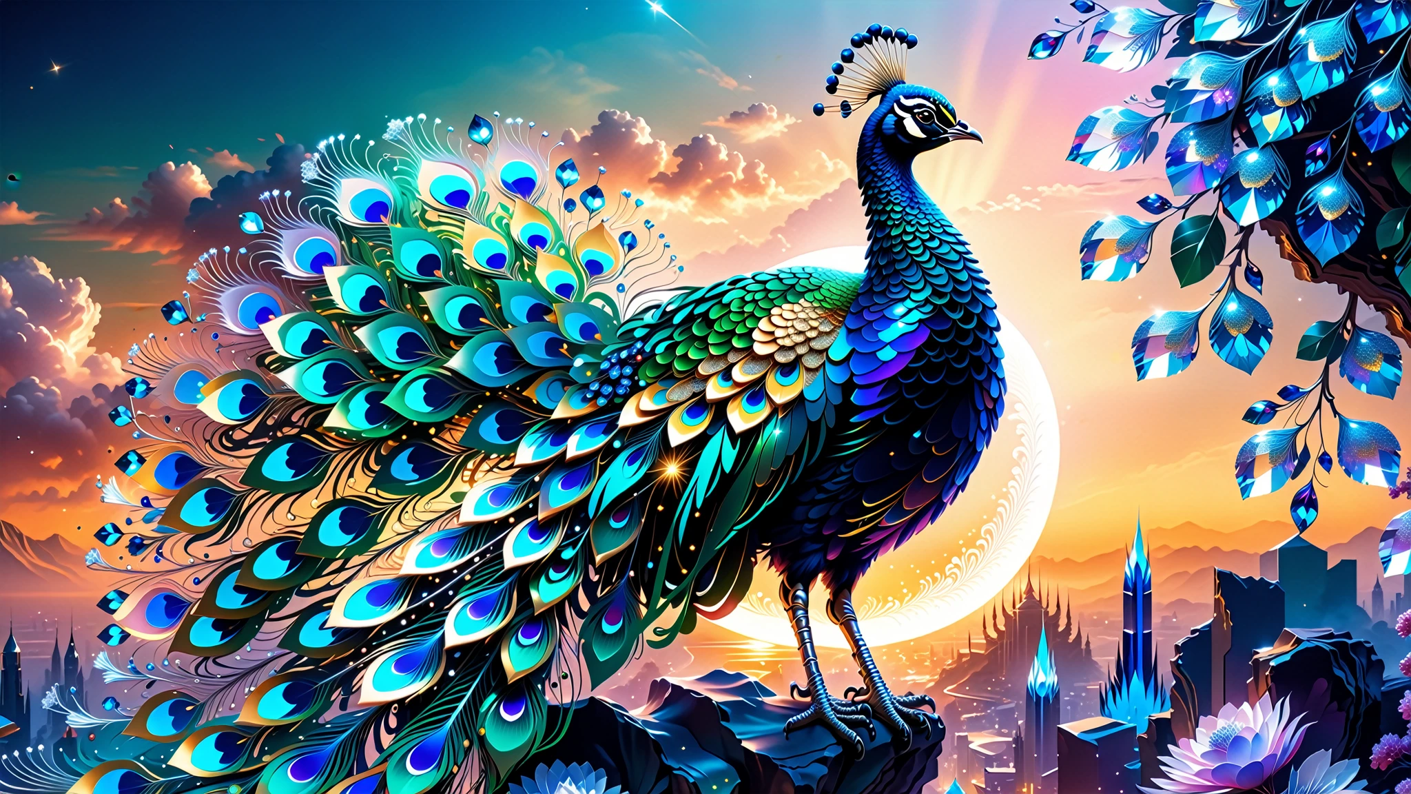 A Masterpiece In 32K Resolution, Supreme Quality, Super Detail, Official Art, Very High-Resolution 32K Wallpaper, Beautiful And Aesthetic, Ultra-Detailed Features, Awe-Inspiring Detail. A Celestial Peacock with Plumage That Shimmers Like Sapphires Spreads Its Radiant Feathers Across A Sky Of Crystal Spires And Silver Bridges. Its Body Glows With An Otherworldly Energy, Illuminating The Sleek Buildings Below. The Peacock's Ethereal Presence Contrasts Beautifully With The City’s Hard Angles And Metallic Hues, Adding A Sense Of Mystery To The Futuristic Scene.