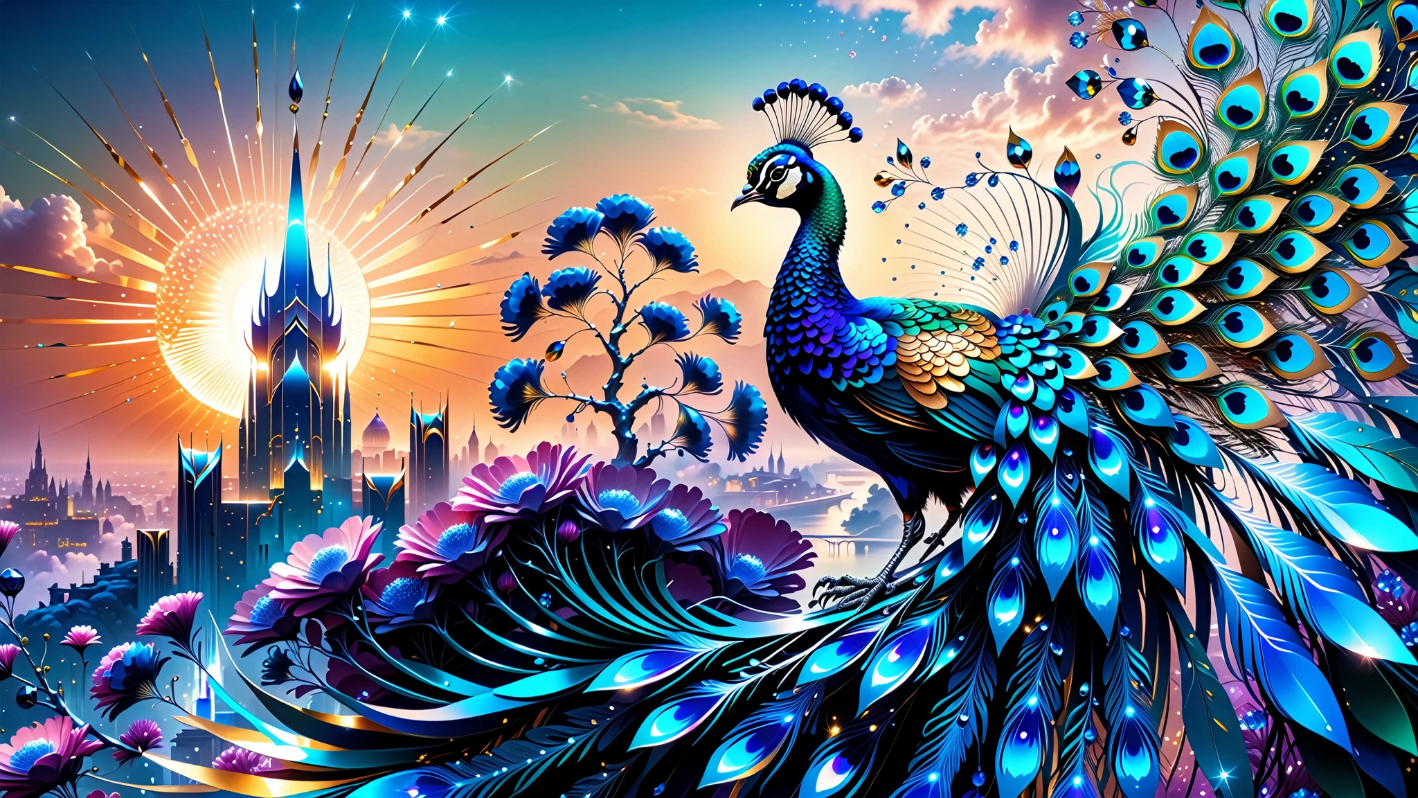 A Masterpiece In 32K Resolution, Supreme Quality, Super Detail, Official Art, Very High-Resolution 32K Wallpaper, Beautiful And Aesthetic, Ultra-Detailed Features, Awe-Inspiring Detail. A Celestial Peacock with Plumage That Shimmers Like Sapphires Spreads Its Radiant Feathers Across A Sky Of Crystal Spires And Silver Bridges. Its Body Glows With An Otherworldly Energy, Illuminating The Sleek Buildings Below. The Peacock's Ethereal Presence Contrasts Beautifully With The City’s Hard Angles And Metallic Hues, Adding A Sense Of Mystery To The Futuristic Scene.