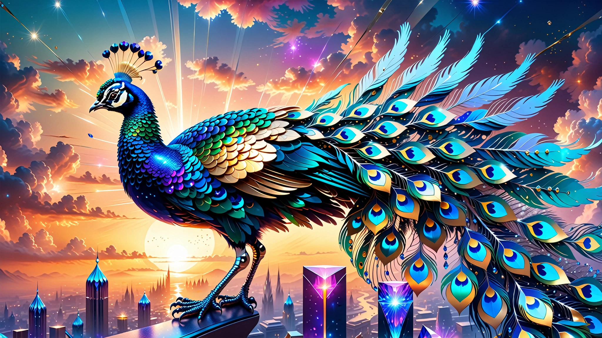 A Masterpiece In 32K Resolution, Supreme Quality, Super Detail, Official Art, Very High-Resolution 32K Wallpaper, Beautiful And Aesthetic, Ultra-Detailed Features, Awe-Inspiring Detail. A Celestial Peacock with Plumage That Shimmers Like Sapphires Spreads Its Radiant Feathers Across A Sky Of Crystal Spires And Silver Bridges. Its Body Glows With An Otherworldly Energy, Illuminating The Sleek Buildings Below. The Peacock's Ethereal Presence Contrasts Beautifully With The City’s Hard Angles And Metallic Hues, Adding A Sense Of Mystery To The Futuristic Scene.