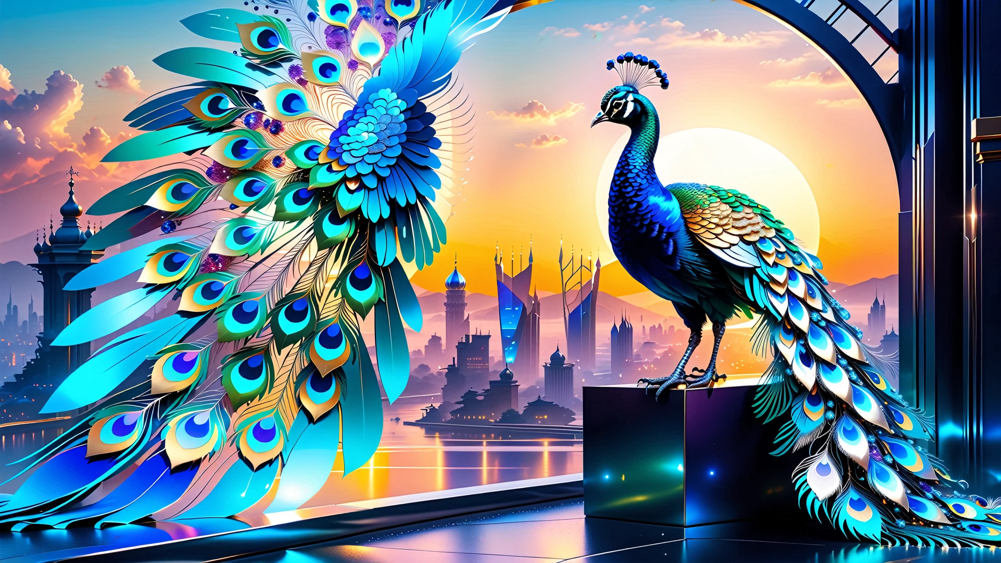 A Masterpiece In 32K Resolution, Supreme Quality, Super Detail, Official Art, Very High-Resolution 32K Wallpaper, Beautiful And Aesthetic, Ultra-Detailed Features, Awe-Inspiring Detail. A Celestial Peacock with Plumage That Shimmers Like Sapphires Spreads Its Radiant Feathers Across A Sky Of Crystal Spires And Silver Bridges. Its Body Glows With An Otherworldly Energy, Illuminating The Sleek Buildings Below. The Peacock's Ethereal Presence Contrasts Beautifully With The City’s Hard Angles And Metallic Hues, Adding A Sense Of Mystery To The Futuristic Scene.