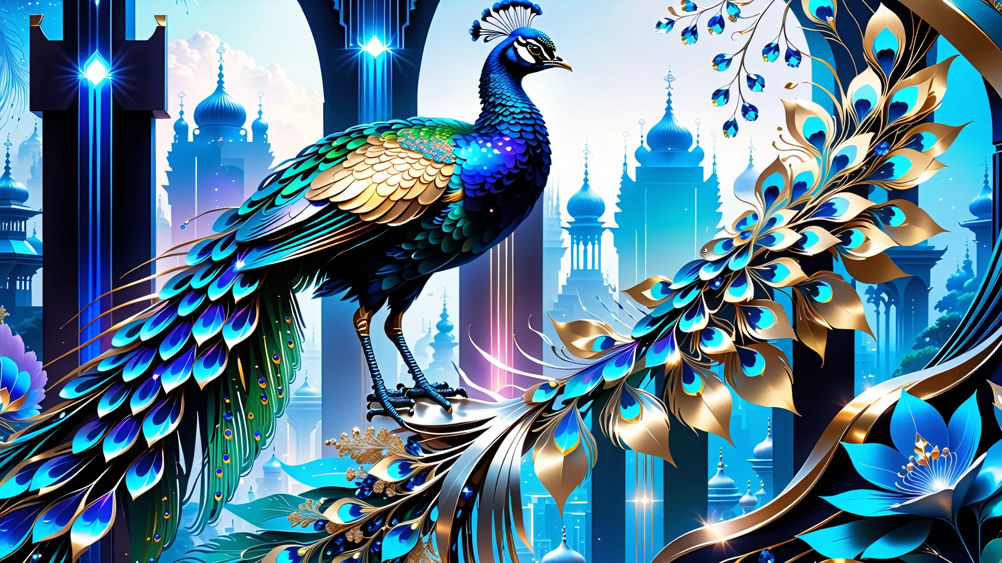 A Masterpiece In 32K Resolution, Supreme Quality, Super Detail, Official Art, Very High-Resolution 32K Wallpaper, Beautiful And Aesthetic, Ultra-Detailed Features, Awe-Inspiring Detail. A Celestial Peacock with Plumage That Shimmers Like Sapphires Spreads Its Radiant Feathers Across A Sky Of Crystal Spires And Silver Bridges. Its Body Glows With An Otherworldly Energy, Illuminating The Sleek Buildings Below. The Peacock's Ethereal Presence Contrasts Beautifully With The City’s Hard Angles And Metallic Hues, Adding A Sense Of Mystery To The Futuristic Scene.