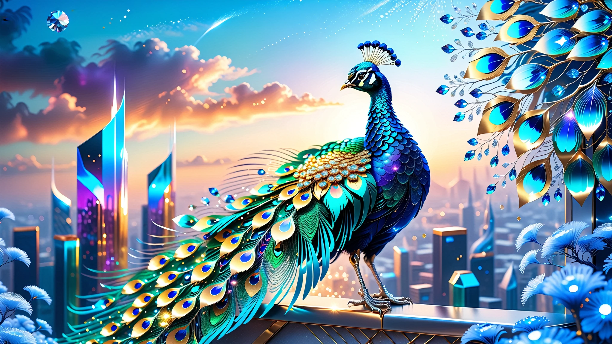 A Masterpiece In 32K Resolution, Supreme Quality, Super Detail, Official Art, Very High-Resolution 32K Wallpaper, Beautiful And Aesthetic, Ultra-Detailed Features, Awe-Inspiring Detail. A Celestial Peacock with Plumage That Shimmers Like Sapphires Spreads Its Radiant Feathers Across A Sky Of Crystal Spires And Silver Bridges. Its Body Glows With An Otherworldly Energy, Illuminating The Sleek Buildings Below. The Peacock's Ethereal Presence Contrasts Beautifully With The City’s Hard Angles And Metallic Hues, Adding A Sense Of Mystery To The Futuristic Scene.