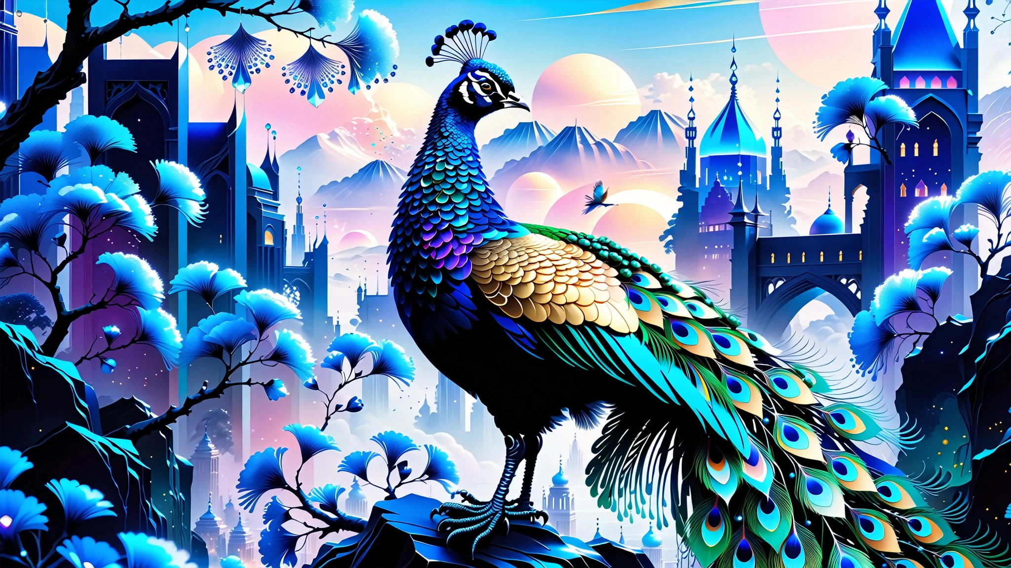 A Masterpiece In 32K Resolution, Supreme Quality, Super Detail, Official Art, Very High-Resolution 32K Wallpaper, Beautiful And Aesthetic, Ultra-Detailed Features, Awe-Inspiring Detail. A Celestial Peacock with Plumage That Shimmers Like Sapphires Spreads Its Radiant Feathers Across A Sky Of Crystal Spires And Silver Bridges. Its Body Glows With An Otherworldly Energy, Illuminating The Sleek Buildings Below. The Peacock's Ethereal Presence Contrasts Beautifully With The City’s Hard Angles And Metallic Hues, Adding A Sense Of Mystery To The Futuristic Scene.