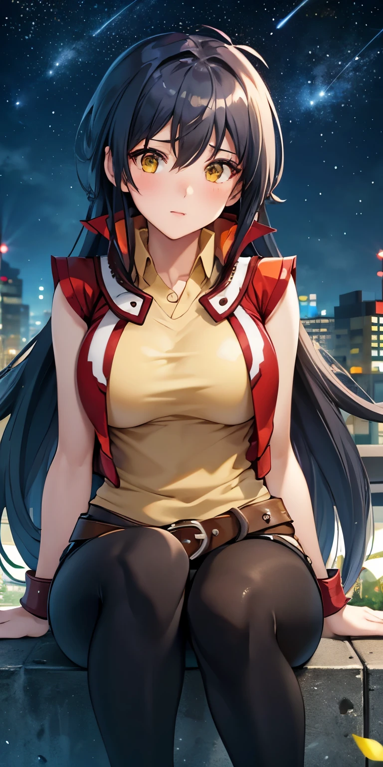 1 Female,High definition,high resolution,Ultra-realistic,8K, hmrei, long hair, black hair,yellow eyes,red jacket ,collared shirt, yellow shirt, sleeveless, belt, black shorts,European,sexy,Upper body close-up,Photographed from the front,Dynamic Angles,private teacher,blush, medium tits ,outdoors, moonlight, dark sky, buildings,full body,4k, ultra high definition, perfect face, detailed face , sitting ,(pov, closed shot:1.2),  thinking , shooting star ,wide thighs 