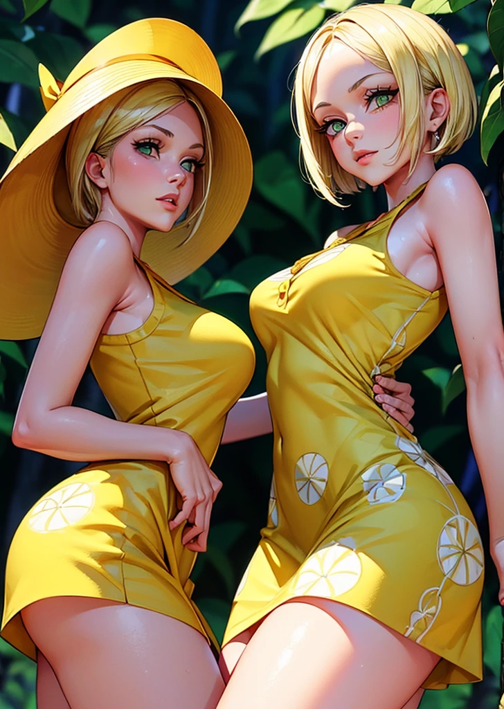 (1girl, short hair, blonde hair, green eyes, yellow mini dress, lemon pattern, yellow hat, low angle shot, petite, slim figure, beautiful detailed eyes, beautiful detailed lips, extremely detailed eyes and face, long eyelashes, photorealistic, 8k, high quality, masterpiece, ultra-detailed, vivid colors, natural lighting, portrait, female, conceptual, digital art)