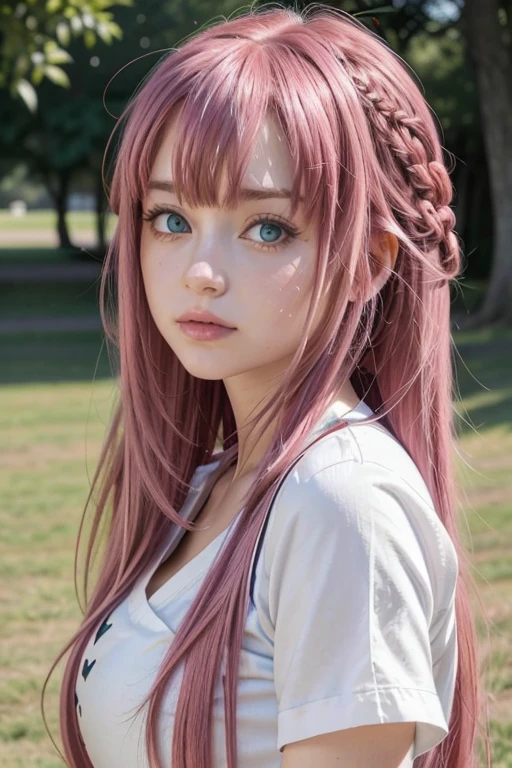 very long hair,pink hair,sidelocks,bangs,blue eyes girl,senos Copa B, cintura 50,caderas grandes,caderas anchas,muslos grandes,caderas 70cm,lencería roja.