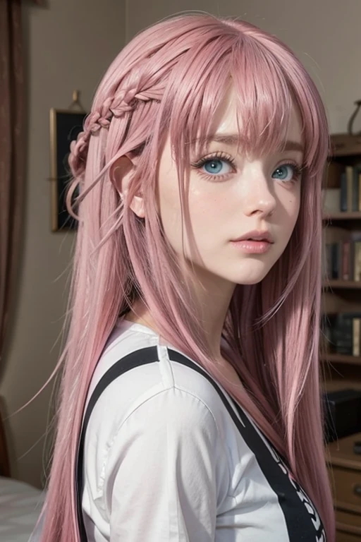 very long hair,pink hair,sidelocks,bangs,blue eyes girl,senos Copa B, cintura 50,caderas grandes,caderas anchas,muslos grandes,caderas 70cm,lencería roja.