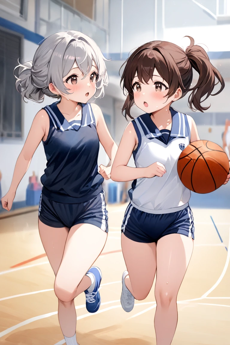 (masterpiece, best quality, hyper detailed:1.4), cute, art academia, watercolor,
2girl, school gym uniform, buruma, sports hall, running side by side,
(looking at each other), playing basketball together, sweat, holding basketball,