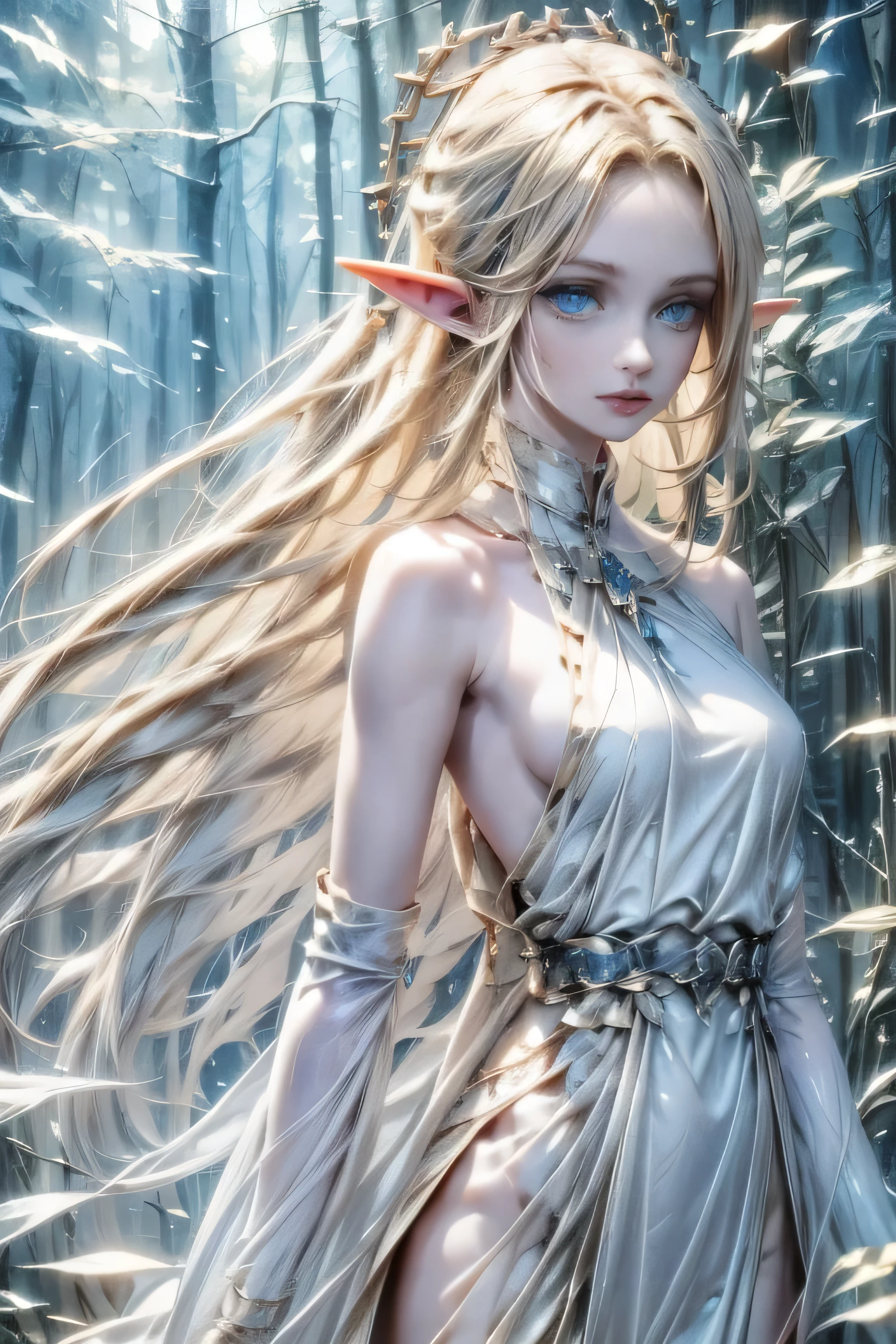 Detailed, Beautiful, 4k, Best Quality,  Long Golden Blonde hair, Blue eyes, , Otherworldly Beautiful, Short Pointed Ears , Longhaired , Female focus, Elf Clothes, forest of magic, Detailed face, Detailed Body, Detailed Eyes, 