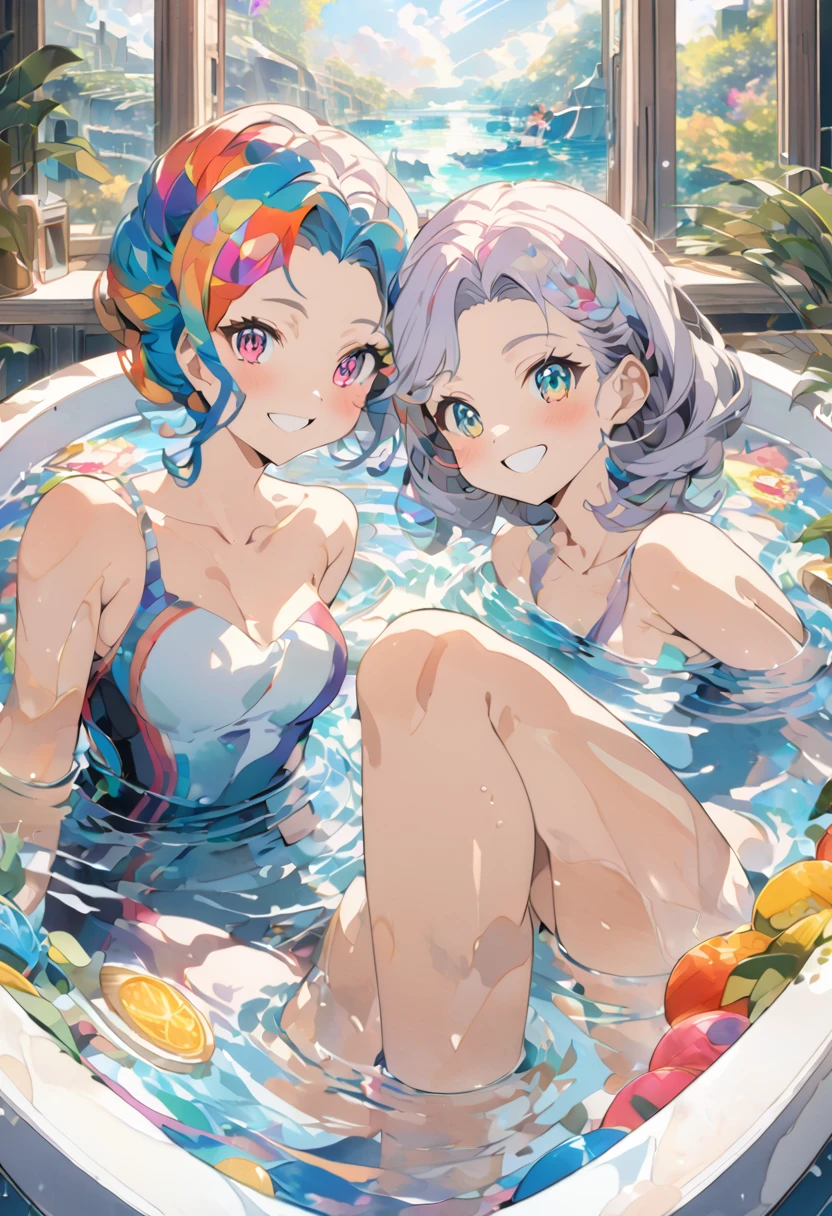 Incorporates a blend of watercolor and , maximalism artstyle, geometric artstyle) Incorporate vibrant colors, dynamic brushstrokes, and intriguing textures to capture the essence of the subject's inner world, capturing a surrealist vision, Two girls smiling in the water in the bathtub without showing their teeth. Female twins， vibrant with colors，Natural lighting, best quality, breasts next to each other, hugging each other tightly, sunny masterpiece, navel exposed, blushing, small breast, ((best quality)), ((official art)), Transparent, Tiny vines, Minuscule Flowers, Ornate vibrant colors, elaborate background, mysterious atmosphere, frozen garden, snow-covered trees, sparkling ice crystals, surreal lighting, fantasy elements