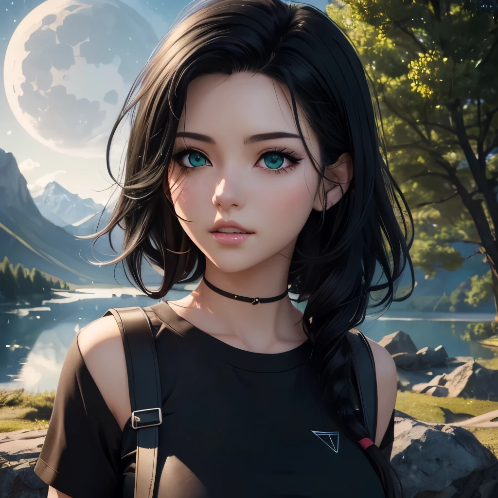 anime girl with green eyes and black hair standing in front of a lake, 3D realistic anime style, anime style. 8k, realistic anime art style, stunning anime facial portrait, artwork in the style of Guweiz, realistic anime style, anime style 4k, realistic anime art style, realistic art style, beautiful anime portrait, realistic anime young woman