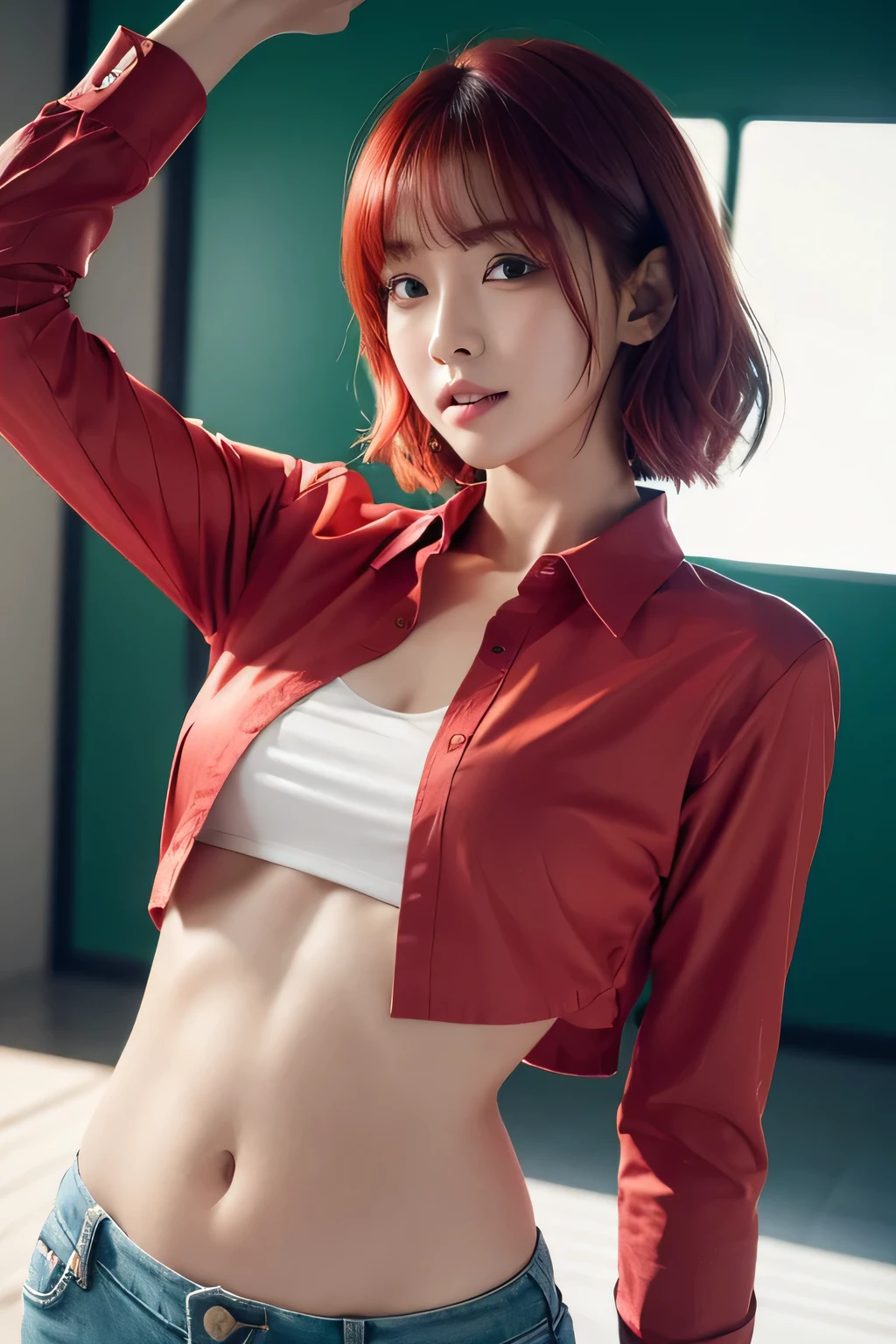 shy , Belly button shirt, Short hair, 8k Octane Render, White skin, black shirt, อาย, Licking the navel, My navel was licked by a boy, ผมสีชมพู, Show your lower belly, Beautiful long navel, Bright red hair mixed with bright green, cute red long-sleeved shirt, white hair 