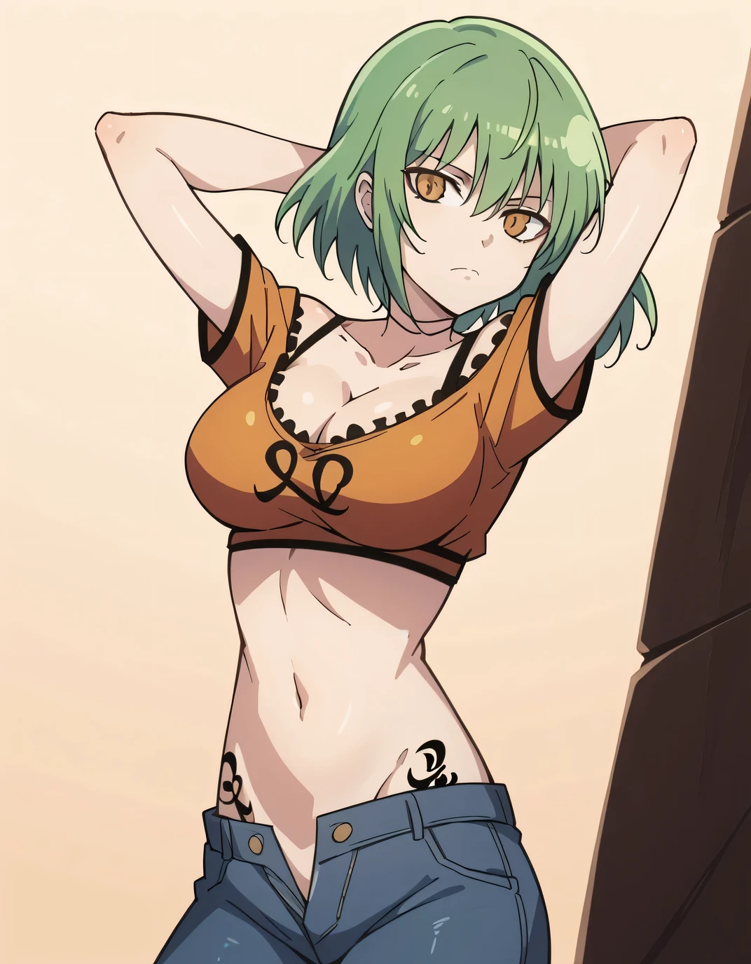Tenka Izumo, 1girl, solo, green hair, earrings, blonde hair, blue eyes, breasts, green hair, short hair, looking back, bikini, provocative swimsuit, standing, back view, provocative pose, gray background, masterpiece, best quality, highres,