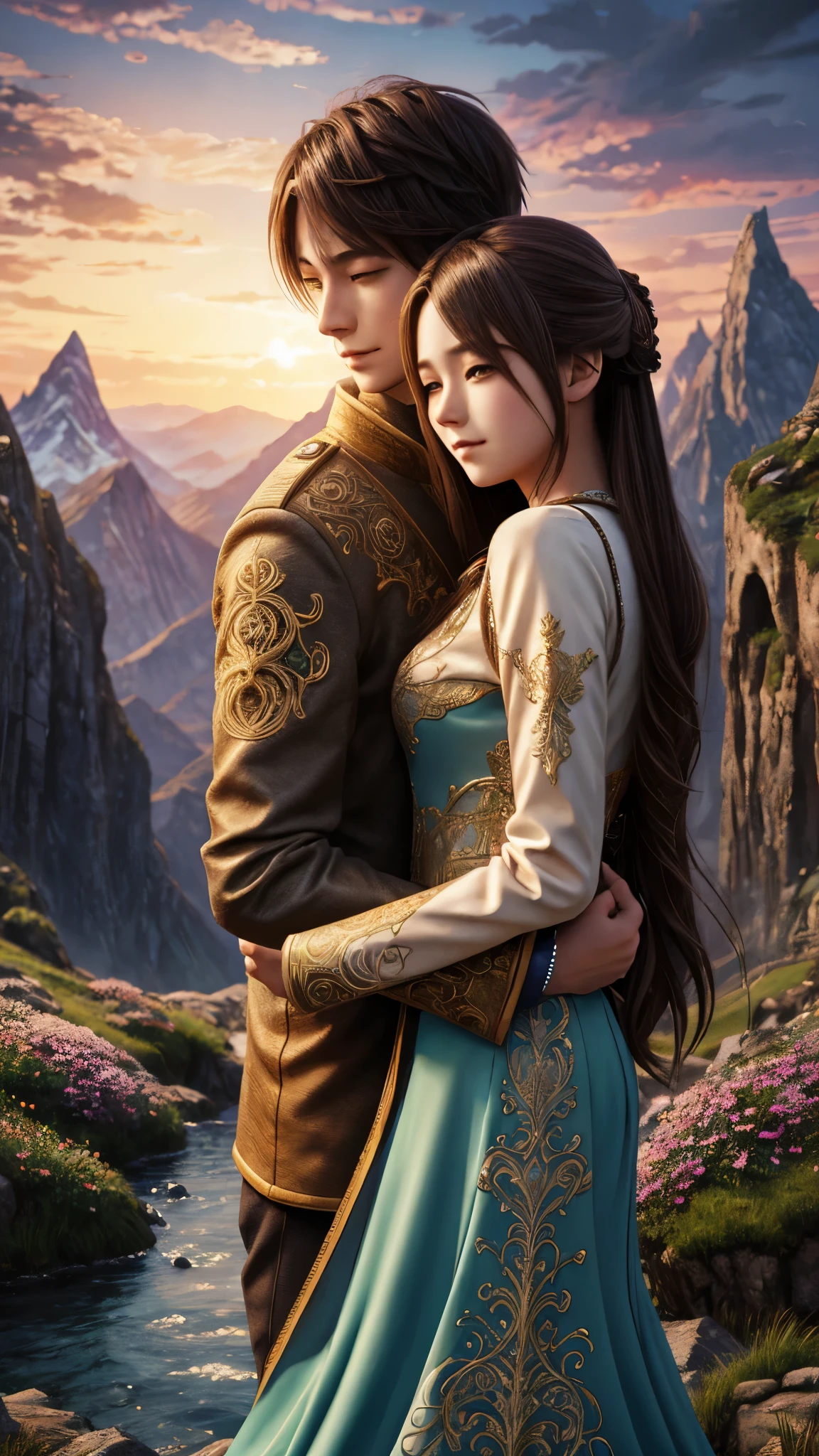 young couple hugging,  anime style,  Fantasy Landscape ,  Detailed Facial Features , Complex clothing folds,  bright color,  soft lighting ,  beautiful scenery ,  detailed biography , Cinematic composition, masterpiece, 8k,  photorealistic