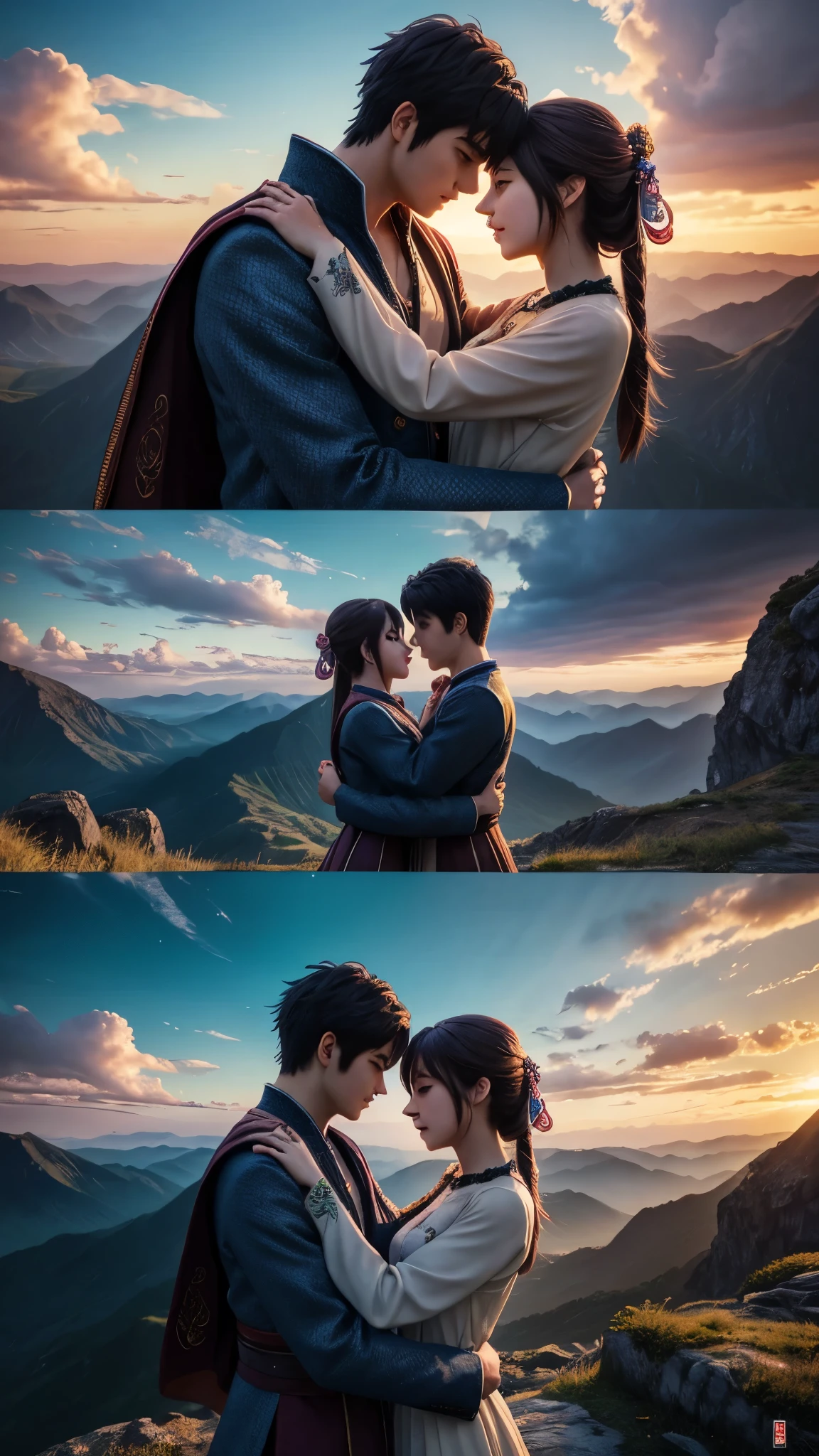 young couple hugging,  anime style,  Fantasy Landscape ,  Detailed Facial Features , Complex clothing folds,  bright color,  soft lighting ,  beautiful scenery ,  detailed biography , Cinematic composition, masterpiece, 8k,  photorealistic