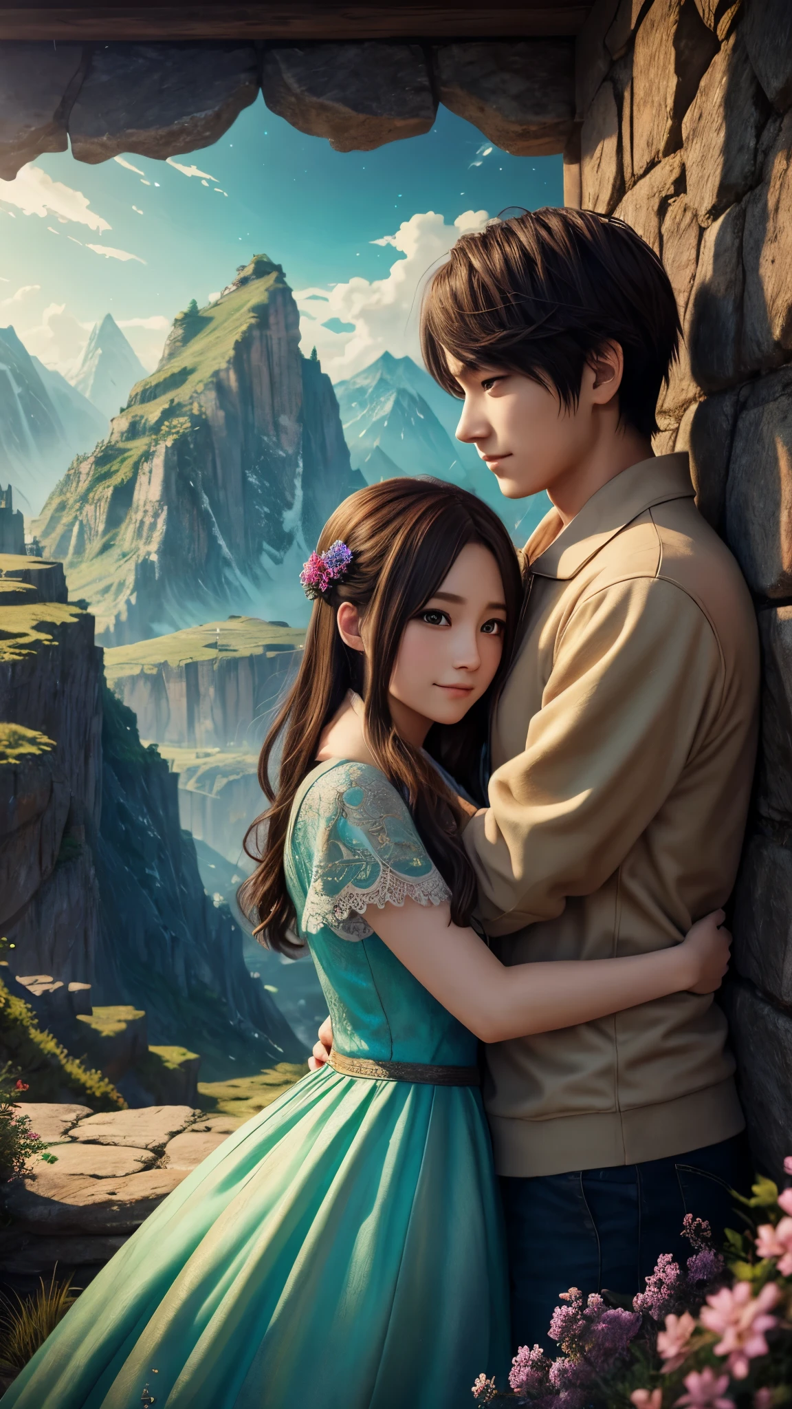 young couple hugging,  anime style,  Fantasy Landscape ,  Detailed Facial Features , Complex clothing folds,  bright color,  soft lighting ,  beautiful scenery ,  detailed biography , Cinematic composition, masterpiece, 8k,  photorealistic