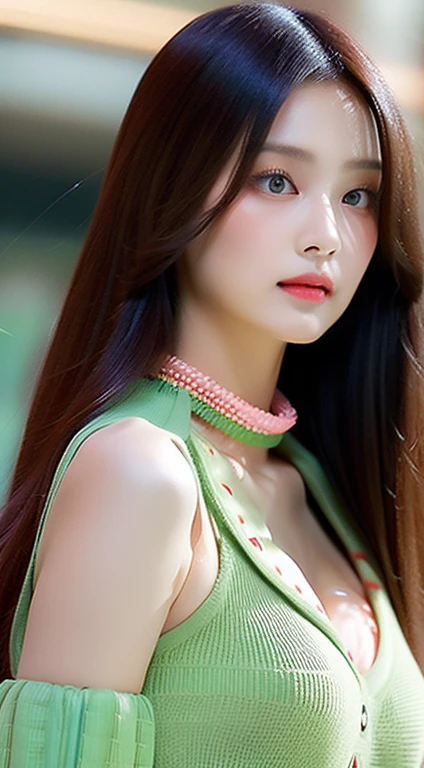 perfect figure beautiful woman：1.4，Layered Hair Style，Protruding cleavage，Pink two-dimensional clothing：1.5，Highly Detailed Face and Skin Textur，double eyelid，Whiten the skin，orage red long whitr hair，playing water，Collar, golden green eyes, bambi eyes